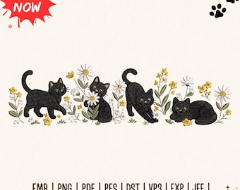 Borduurpatroon met zwarte kat en bloemenrand, schattig kattenbloempje met madeliefjes, machineborduurbestand, PES DST voor kattenliefhebbers, direct te downloaden.
