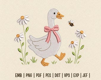 Borduurpatroon van een madeliefje met bloemen en een bij, borduurbestand voor de borduurmachine, cottagecore zomer PES, direct te downloaden.