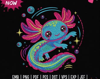 Neon Axolotl Borduurpatroon, Schattig Kawaii Waterdier Machineborduurbestand, PES DST, 5 Maten
