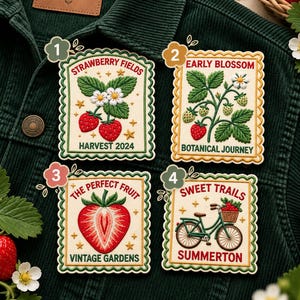 Puede incluir: Cuatro parches rectangulares bordados con bordes festoneados con motivos de fresas. El parche 1 muestra fresas y el texto STRAWBERRY FIELDS HARVEST 2024. El parche 2 muestra una planta y el texto EARLY BLOSSOM BOTANICAL JOURNEY. El parche 3 muestra una fresa cortada y el texto THE PERFECT FRUIT VINTAGE GARDENS. El parche 4 muestra una bicicleta y el texto SWEET TRAILS SUMMERTON.