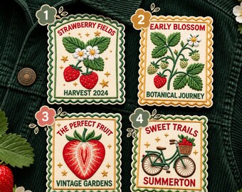 Strawberry Patch: Vintage zaadpakket geborduurd embleem, cottagecore tuin voor spijkerjasje draagtas