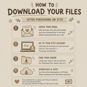 May include: An instructional graphic titled HOW TO DOWNLOAD YOUR FILES with a beige textured background. It outlines four steps using brown icons: an envelope, a laptop, a folder with a download arrow, and a cloud with a download arrow.