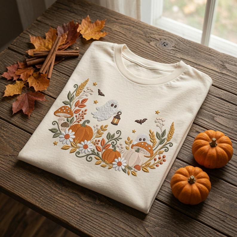 May include: A cream-colored t-shirt featuring an embroidered design of two ghosts, pumpkins, mushrooms, autumn leaves, and small bats. The embroidery is arranged in a semi-circular wreath pattern across the chest of the garment.