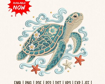 Borduurpatroon van een zeeschildpad, bloemenpatroon met oceaanmotief, machineborduurbestand, tropische zeeschildpad PES DST, direct te downloaden