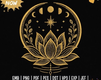 Hemelse Lotus Maan Borduurpatroon, Minimalistische Lijntekening Machineborduurbestand, Mystieke Boho PES DST, 5 Maten