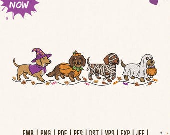 Halloween-Dackel-Stickdatei, Hexe, Kürbis, Mumie, Geist, Hund (Dateiformate: PES, DST, JEF), 5 Größen