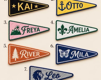 Wimpel mit individuellem Namen, personalisierter Camp-Flaggen-Aufnäher zum Aufbügeln oder Aufnähen, Boho-Symbol-Namensgeschenk für Kinder