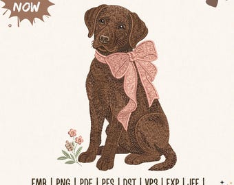 Borduurpatroon van een chocoladebruine Labrador, Labradorhond met strik (machineborduurbestand), schattige puppy (PES DST), 5 maten