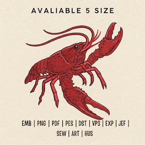 May include: A red crawfish embroidery design featuring detailed shading and texture. The text AVALIABLE 5 SIZE appears at the top, while the bottom lists file formats: EMB, PNG, PDF, PES, DST, VP3, EXP, JEF, SEW, ART, and HUS.