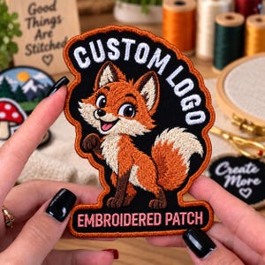 May include: An embroidered patch featuring a cartoon fox with orange and white fur on a black background. The text CUSTOM LOGO is embroidered in white at the top, and the text EMBROIDERED PATCH is embroidered in pink at the bottom.