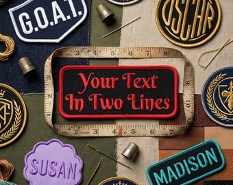 Gepersonaliseerde tekstpatch: Naam of zin op maat, twee regels, geborduurd om op te strijken of op te naaien.