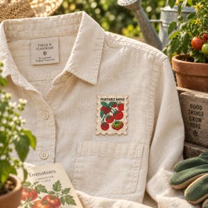 May include: A cream-colored button-down shirt featuring a rectangular patch shaped like a postage stamp. The patch displays a red tomato illustration with green leaves and the text "VEGETABLE BADGE" in black capital letters on a white background.