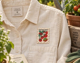 Tomatenveld: Vintage postzegel groentebadge, cottagecore tuin voor schort, draagtas of jas