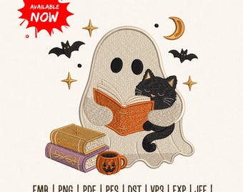 Bookish Ghost Holding Cat Embroidery Design, Cute Reading Ghost Machine Embroidery File, Halloween Book Lover PES DST, Instant Download