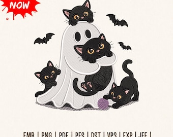 Ghost Holding Cat Embroidery Design, Halloween Ghost Cat Machine Embroidery File, Spooky Cat PES DST, Instant Download