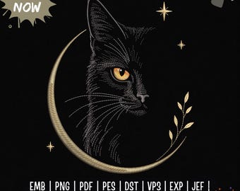 Borduurpatroon van een zwarte kat, schattig minimalistisch kattenborduurbestand voor de borduurmachine, Halloween katachtig PES DST-bestand, 5 maten, direct te downloaden.