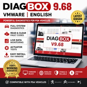以下が含まれることがあります： PSA車両診断用ソフトウェアDiagbox 9.68を表示するノートパソコン。画面には車のアイコンとメニューを備えたユーザーインターフェースが表示されています。テキストにはFull System Diagnostics、Read & Clear Fault Codes、Live Data Monitoring、Actuator Testsが含まれています。