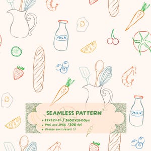 Hand Drawn Kitchen Seamless Pattern | Cute Food Digital Paper | Cute Cooking & Food Repeat Pattern | Doodle Food Seamless Pattern