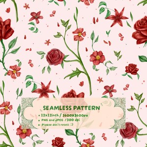 Könnte beinhalten: Ein nahtloses Muster mit roten Rosen und verschiedenen roten Blumen mit grünen Stielen und Blättern auf hellrosa Hintergrund. Ein zentrales Etikett enthält den Text: SEAMLESS PATTERN, 12x12inch / 3600x3600px, PNG and JPEG / 300 dpi, Please don't resell :)