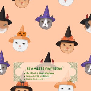 Könnte beinhalten: Ein nahtloses Muster mit illustrierten Katzengesichtern, die verschiedene Hüte tragen, darunter Hexenhüte und kürbisartige Hüte, auf hellpfirsichfarbenem Grund. Text: SEAMLESS PATTERN, 12x12inch / 3600x3600px, PNG and JPEG / 300 dpi, Please don't resell :)