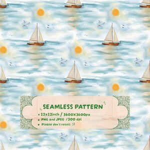 Könnte beinhalten: Ein nahtloses Muster mit Aquarell-Segelbooten auf einem hellblauen Meer mit orangen Sonnen und fliegenden Vögeln. Ein zentrales Etikett zeigt den Text: SEAMLESS PATTERN, 12x12inch / 3600x3600px, PNG and JPEG / 300 dpi, Please don't resell :).