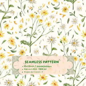Könnte beinhalten: Ein nahtloses Muster mit gelben und weißen Gänseblümchen im Aquarellstil, grünen Stielen und Blättern auf cremefarbenem Grund. Ein zentrales rechteckiges Etikett zeigt den Text: SEAMLESS PATTERN, 12x12inch / 3600x3600px, PNG and JPEG / 300 dpi, Please don't resell :)