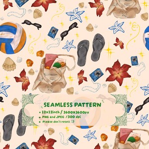 Könnte beinhalten: Ein nahtloses Muster mit Illustrationen von Volleybällen, Tragetaschen, Flip-Flops, Sonnenbrillen, blauen Kameras, Muscheln und roten Blumen. Text: SEAMLESS PATTERN, 12x12inch / 3600x3600px, PNG and JPEG / 300 dpi, Please don't resell :)