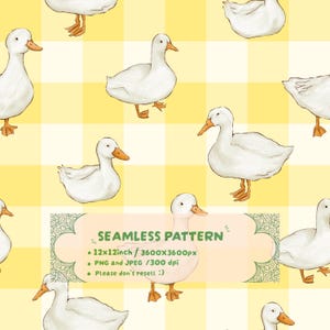 Digitalt papper med gul gingham-anka | Söt vit anka sömlöst mönster l Digitalt scrapbookingpapper för bondgårdsanka