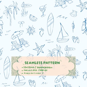 Könnte beinhalten: Ein nahtloses Muster mit blauen Strichzeichnungen von Strandelementen wie Palmen, Surfbrettern, Segelbooten, Sonnen, Seesternen, Muscheln, Flip-Flops und Strandschildern. Text: SEAMLESS PATTERN 12x12inch / 3600x3600px PNG und JPEG / 300 dpi.