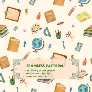 Könnte beinhalten: Ein nahtloses Muster mit Aquarellillustrationen von Schul- und Bürobedarf wie Klemmbrettern, Globen, Büchern, Farbpaletten, Scheren, Linealen und Kleber. Text: SEAMLESS PATTERN, 12x12inch / 3600x3600px, PNG and JPEG / 300 dpi.