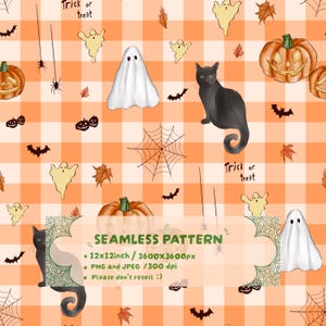 Könnte beinhalten: Ein nahtloses digitales Muster mit orange-weißem Vichy-Karo, verziert mit Illustrationen von schwarzen Katzen, weißen Geistern, orangefarbenen Kürbissen, Spinnennetzen, Spinnen, Fledermäusen und Herbstblättern, mit dem Text Trick or treat.