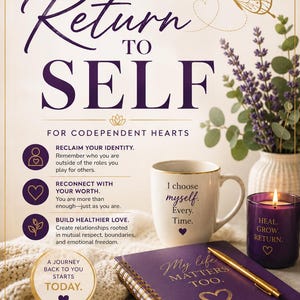 May include: A workbook titled The Return to Self for Codependent Hearts by Dr. Jasmine Myers. The cover features purple text, a gold butterfly, a white mug with the text I choose myself. Every. Time., a purple candle, and a purple spiral notebook.