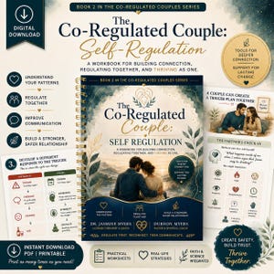 Puede incluir: Un libro de ejercicios con encuadernación en espiral titulado The Co-Regulated Couple: Self-Regulation, con una ilustración de portada de una pareja sentada al atardecer. Incluye hojas de trabajo prácticas, estrategias para la vida real y textos sobre cómo construir conexiones y regularse juntos, escrito por Dr. Jasmine Myers y Durron Myers.