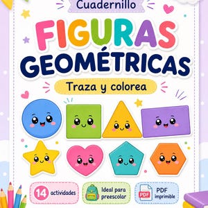 Puede incluir: Una portada de cuaderno titulada Cuadernillo FIGURAS GEOMETRICAS Traza y colorea con formas geométricas coloridas con caras, incluyendo un círculo azul, cuadrado verde, triángulo amarillo, rectángulo morado, estrella, corazón y hexágono.