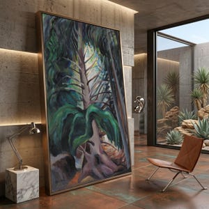 May include: A large vertical oil painting in a thin bronze frame depicting a dense forest scene with deep green foliage, dark tree trunks, and a bright light source filtering through the canopy, rendered in expressive, textured brushstrokes.