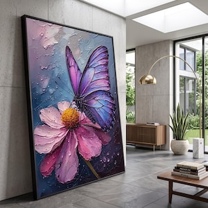Papillon violet sur toile de fleur rose, impression d'art naturel avec gouttes de rosée