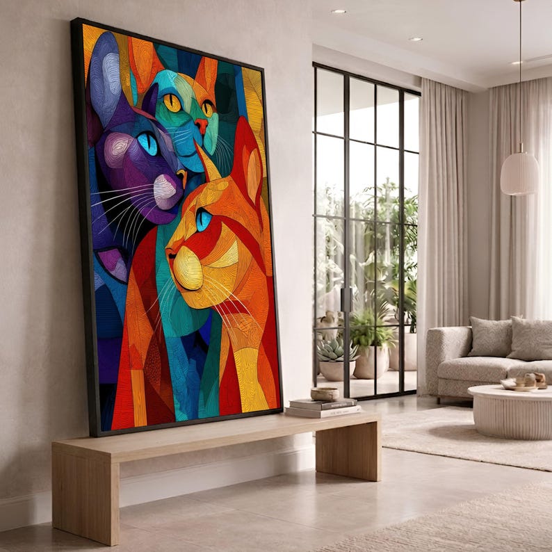 vibrant-abstract-cat-canvas-art-colorful-animal-wall-decor-etsy-uk