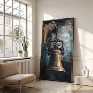 Quadro su tela con campana di bronzo vintage, dipinto industriale rustico in metallo (pronto per essere appeso)