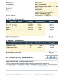Pode incluir: Um documento Regiebericht intitulado Stundenlohnzettel detalhando os custos de m&atilde;o de obra e materiais para o projeto RB-2026-014. Lista os trabalhadores M. Huber, T. Krause e dois ajudantes, al&eacute;m de sacos de areia e folhas, totalizando 1.142,00 &euro;.