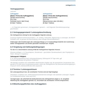 May include: A white document titled Dienstleistungsvertrag, which is a service contract template for freelancers and clients. It includes sections for party details, service description, payment terms, deadlines, and client cooperation obligations.