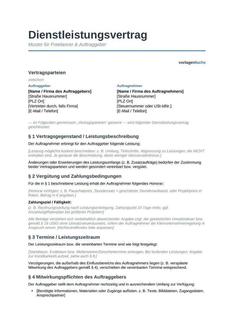 May include: A white document titled Dienstleistungsvertrag, which is a service contract template for freelancers and clients. It includes sections for party details, service description, payment terms, deadlines, and client cooperation obligations.