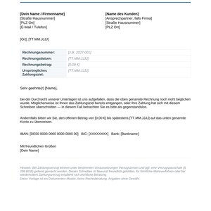 May include: A formal German payment reminder and dunning letter template on a white background. The document features placeholders for sender and recipient details, invoice number, date, amount, and bank information, with text in German throughout.