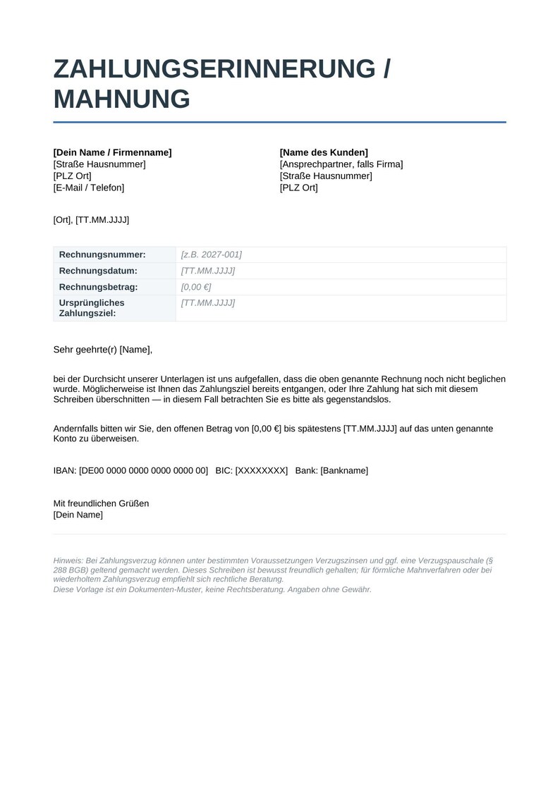 May include: A formal German payment reminder and dunning letter template on a white background. The document features placeholders for sender and recipient details, invoice number, date, amount, and bank information, with text in German throughout.