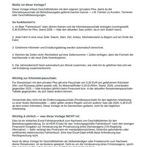 K&ouml;nnte beinhalten: Ein digitales Dokument mit dem Titel Fahrtenbuch / Reisekosten-Kilometererfassung von vorlagenfuchs. Der Text enth&auml;lt Anleitungen zur Erfassung von Dienstfahrten, zur Berechnung von Erstattungen und Hinweise zu steuerlichen Regelungen.