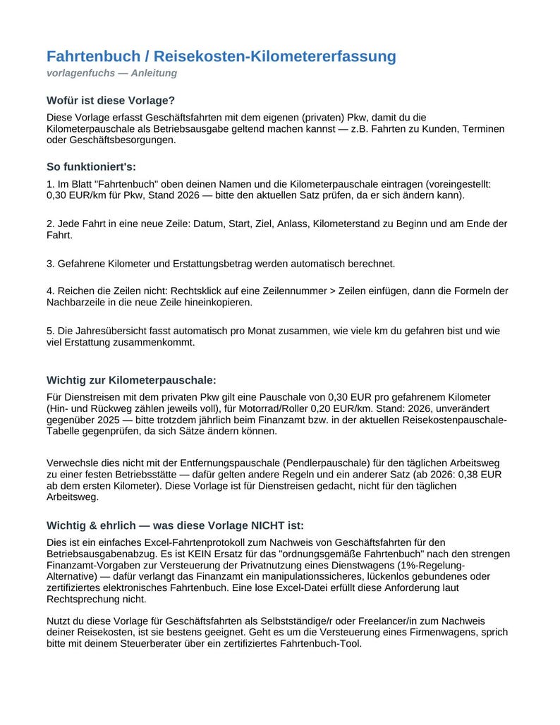 K&ouml;nnte beinhalten: Ein digitales Dokument mit dem Titel Fahrtenbuch / Reisekosten-Kilometererfassung von vorlagenfuchs. Der Text enth&auml;lt Anleitungen zur Erfassung von Dienstfahrten, zur Berechnung von Erstattungen und Hinweise zu steuerlichen Regelungen.