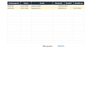 May include: A financial invoice overview table titled Rechnungs&uuml;bersicht. The table includes columns for invoice number, date, customer, amount in euros, payment status, and payment date, listing two entries for 2026-001 and 2026-002.