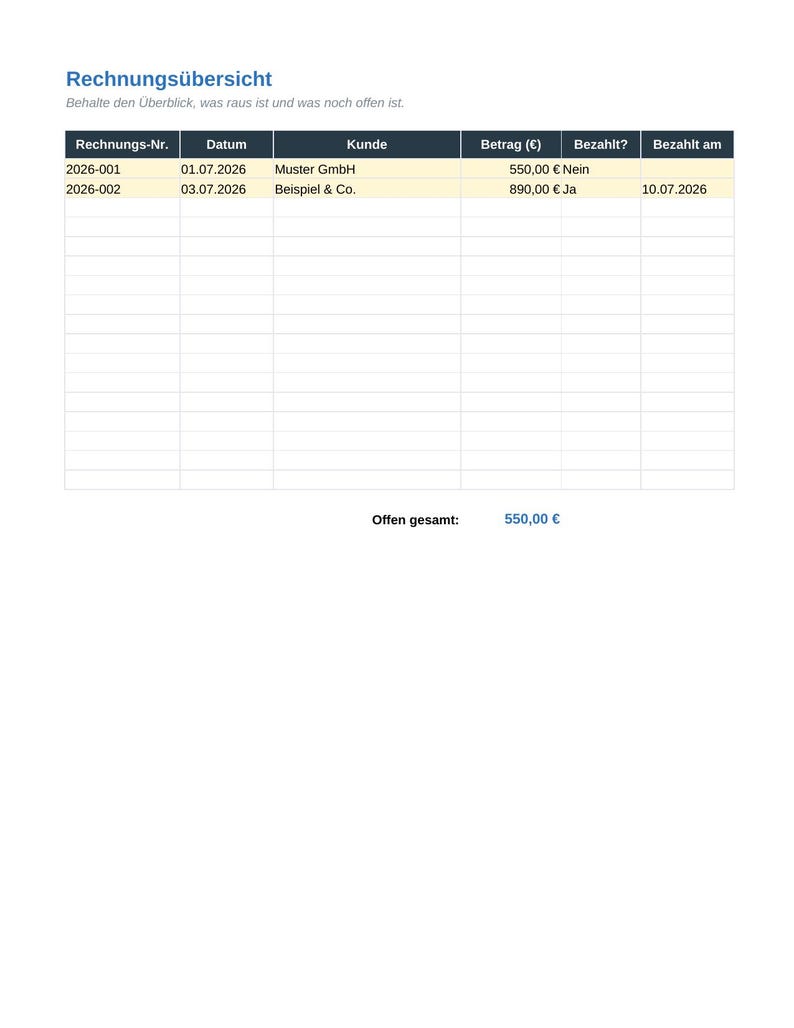 May include: A financial invoice overview table titled Rechnungs&uuml;bersicht. The table includes columns for invoice number, date, customer, amount in euros, payment status, and payment date, listing two entries for 2026-001 and 2026-002.