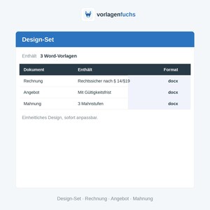 May include: A digital document set titled Design-Set containing three Word templates for an invoice, a quote, and a reminder. The table lists the document types, their specific contents including legal compliance and formatting, and the docx file format.