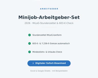 Minijob Timesheet 2026 Excel | Minimum Wage Act Time Tracking + 603 Euro Limit Monitor | For Employers & Small Businesses | Instant Download