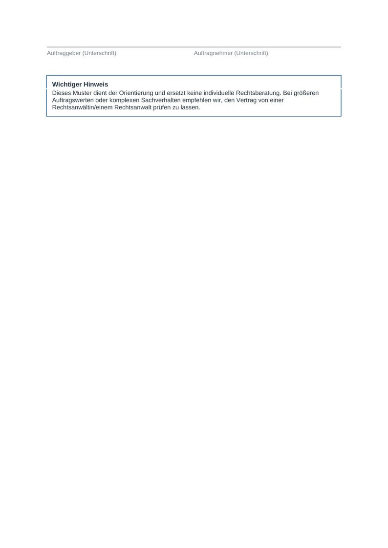 May include: A white document template featuring two signature lines labeled Auftraggeber and Auftragnehmer at the top. Below, a rectangular box contains the text Wichtiger Hinweis, followed by a paragraph in German regarding legal advice.